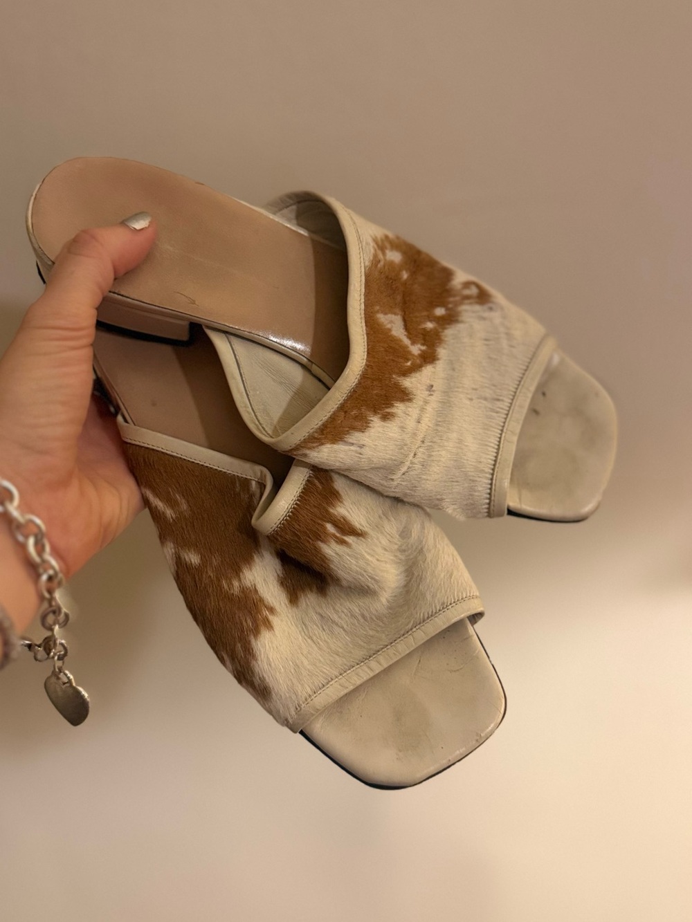 Women's Beige and Brown Slide Sandals - Premium Haircalf Upper